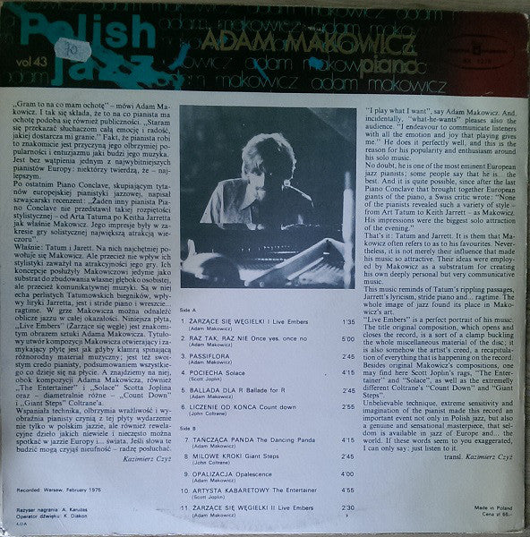 Adam Makowicz : Live Embers (LP, Album, Blu)