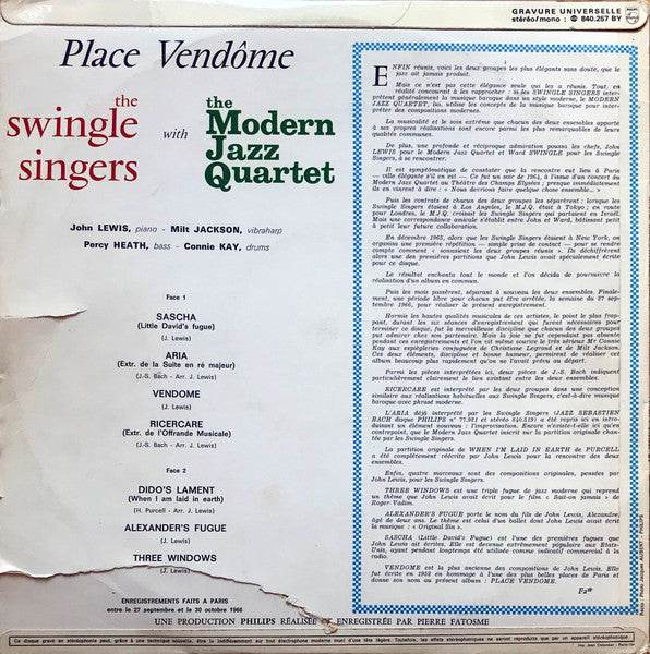 Les Swingle Singers With The Modern Jazz Quartet : Place Vendôme (LP, Album)