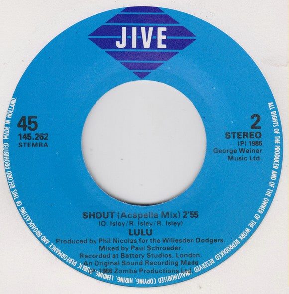 Lulu : Shout (1986 Re-Recording) (7", Single)
