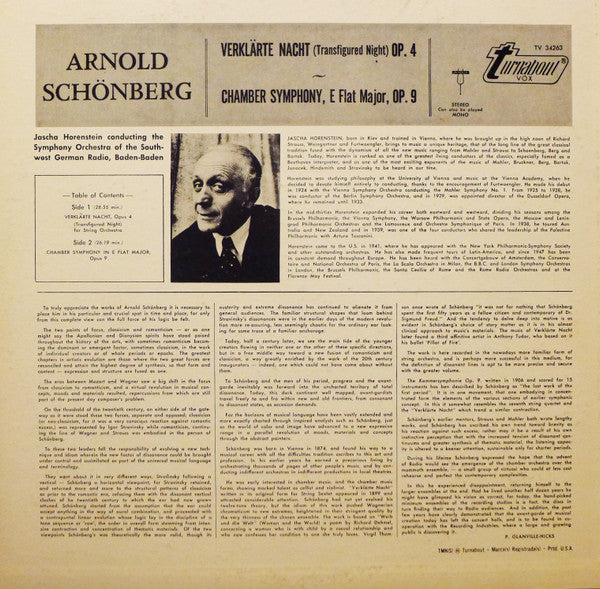 Arnold Schönberg* - Symphony Orchestra Of The Southwest German Radio, Baden-Baden* • Jascha Horenstein : Verklaerte Nacht, Op. 4 • Chamber Symphony, Op. 9 (LP, Album)