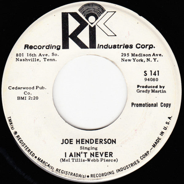 Joe Henderson (2) : I Ain't Never / River Or The Railroad Track (7", Single, Promo)