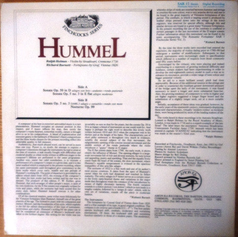 Johann Nepomuk Hummel : Ralph Holmes  & Richard Burnett (3) : Violin And Piano Works (LP, Album)