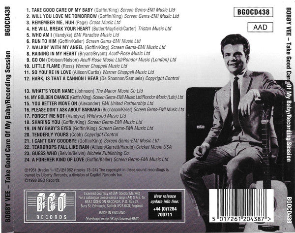Bobby Vee : Take Good Care Of My Baby / A Bobby Vee Recording Session (CD, Album, Comp)