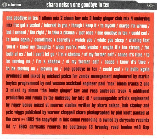 Shara Nelson : One Goodbye In Ten (CD, Maxi)