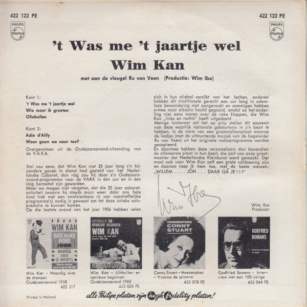 Wim Kan : 't Was Me 't Jaartje Wel (Liedjes Uit Het Oudejaarsprogramma Van Wim Kan) (7", EP, RE)