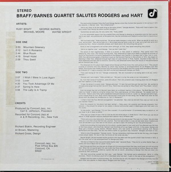 Ruby Braff / George Barnes Quartet : Braff/Barnes Quartet Salutes Rodgers And Hart (LP, Album)