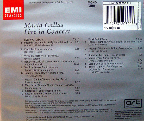 Maria Callas : Live In Concert (2xCD, Comp, Mono, RM)