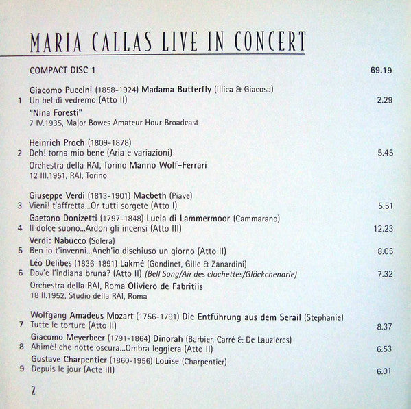 Maria Callas : Live In Concert (2xCD, Comp, Mono, RM)
