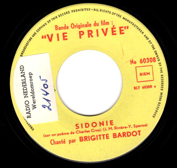 Brigitte Bardot : Sidonie Gezongen door Brigitte Bardot (7", Méd)
