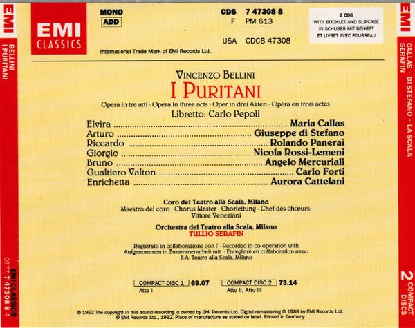 Bellini* / Callas*, Di Stefano*, Rossi-Lemeni*, Panerai*, Orchestra* E Coro Del Teatro Alla Scala, Serafin* : I Puritani (2xCD, Album, Mono, RE, RM + Box, Sli)