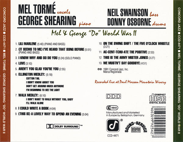 Mel Tormé / George Shearing : Mel & George "Do" World War II (CD, Album)
