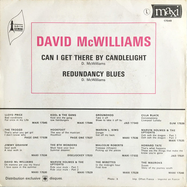 David McWilliams : Can I Get There By Candlelight / Redundancy Blues (7", Single)