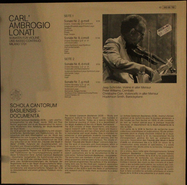 Carlo Ambrogio Lonati - Jaap Schröder, Christophe Coin, Peter Williams (25), Hopkinson Smith : Violinsonaten 1701 (LP)