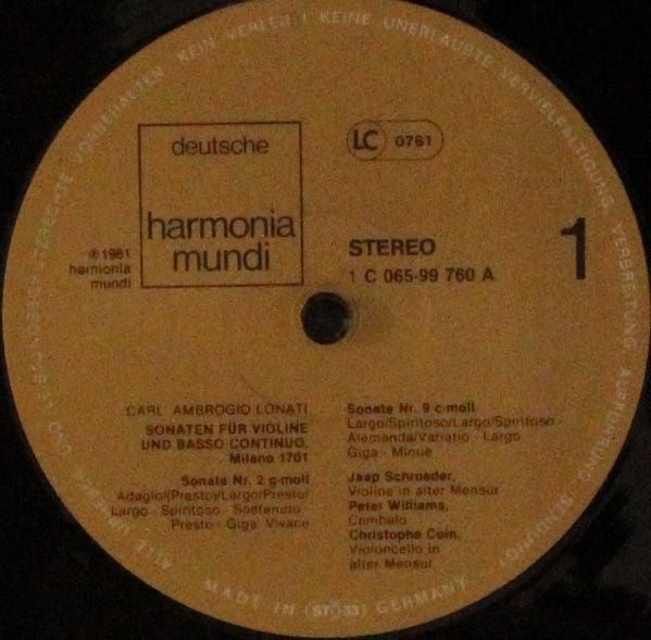 Carlo Ambrogio Lonati - Jaap Schröder, Christophe Coin, Peter Williams (25), Hopkinson Smith : Violinsonaten 1701 (LP)
