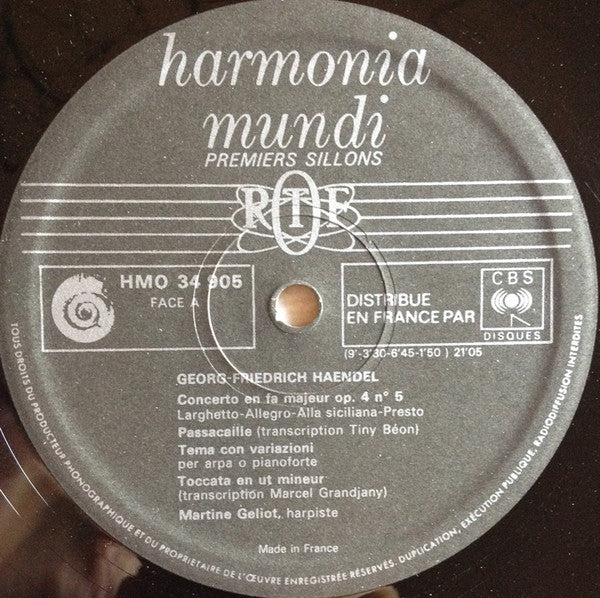 Martine Géliot - Georg Friedrich Händel / Wilhelm Friedemann Bach / Carl Philipp Emanuel Bach : Martine Géliot, Harpe (LP)