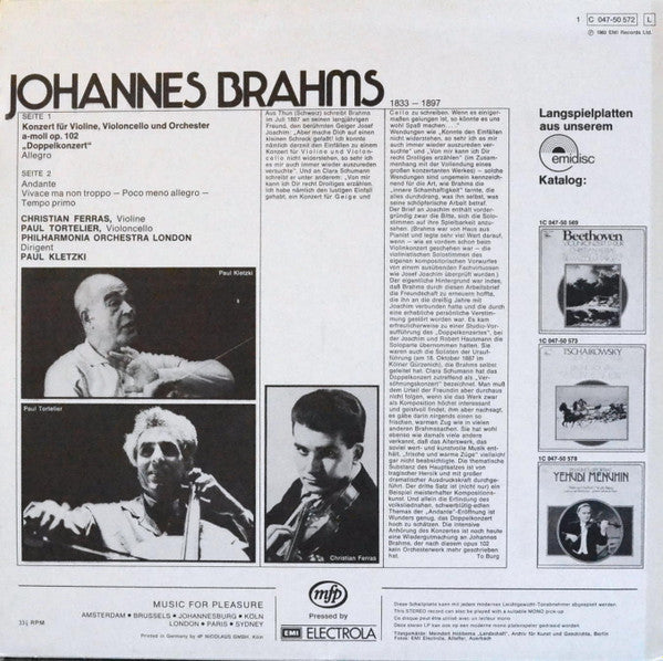 Johannes Brahms, Christian Ferras, Paul Tortelier, Philharmonia Orchestra London*, Paul Kletzki : Konzert Für Violine, Violoncello Und Orchester A-Moll Op. 102 "Doppelkonzert" (LP)