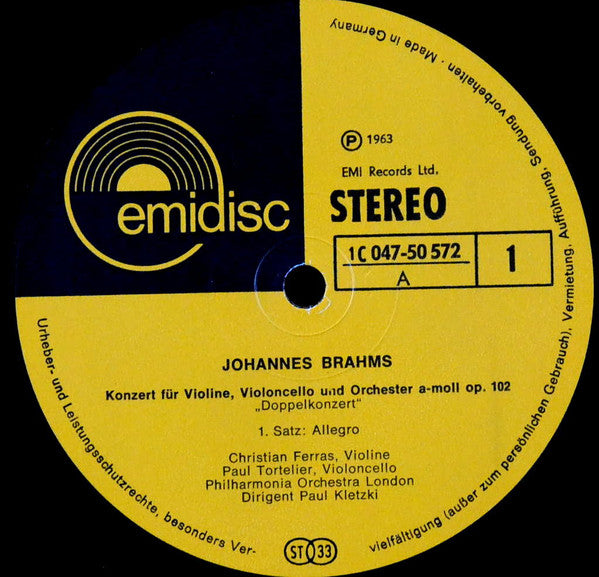 Johannes Brahms, Christian Ferras, Paul Tortelier, Philharmonia Orchestra London*, Paul Kletzki : Konzert Für Violine, Violoncello Und Orchester A-Moll Op. 102 "Doppelkonzert" (LP)