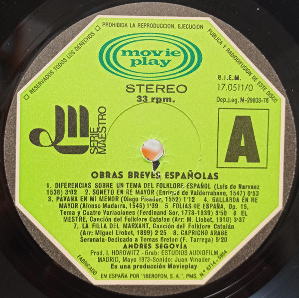Andrés Segovia : Obras Breves Españolas (LP, Album, RE, Gat)