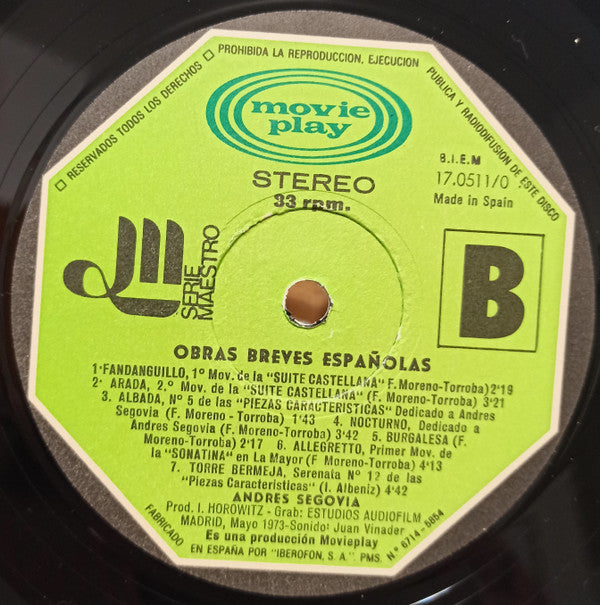 Andrés Segovia : Obras Breves Españolas (LP, Album, RE, Gat)