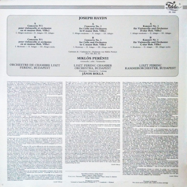 Joseph Haydn - Miklós Perényi, Liszt Ferenc Chamber Orchestra, János Rolla : Cello Concertos (In D And C) (LP, Album, RE)