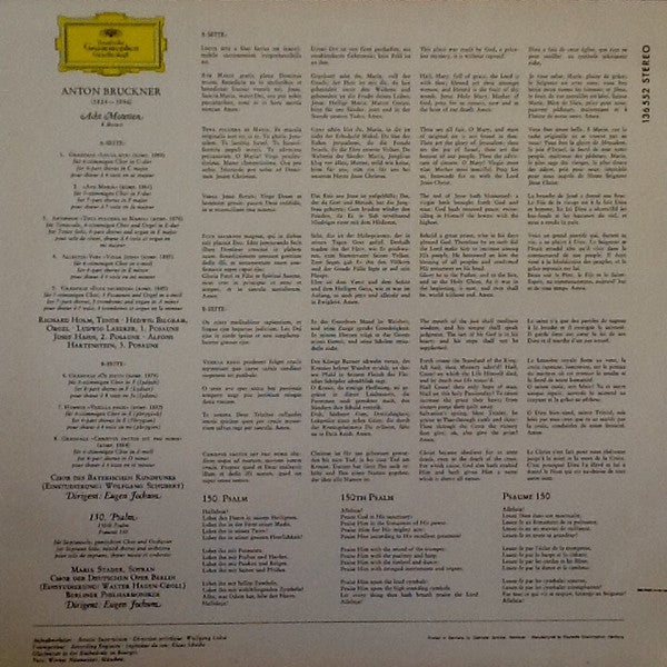 Anton Bruckner · Eugen Jochum, Maria Stader · Chor Des Bayerischen Rundfunks · Chor der Deutschen Oper Berlin · Berliner Philharmoniker : 8 Motetten · 150. Psalm (LP, Album)