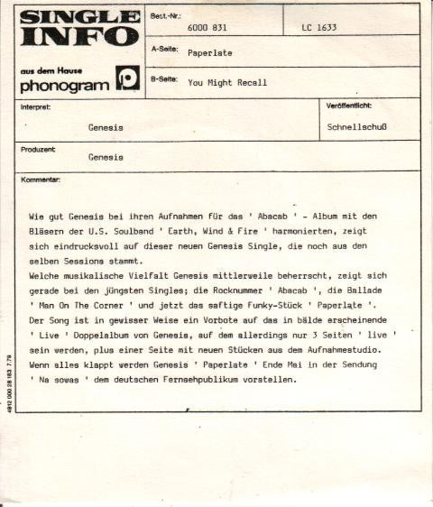 Genesis : Paperlate (7", Single)