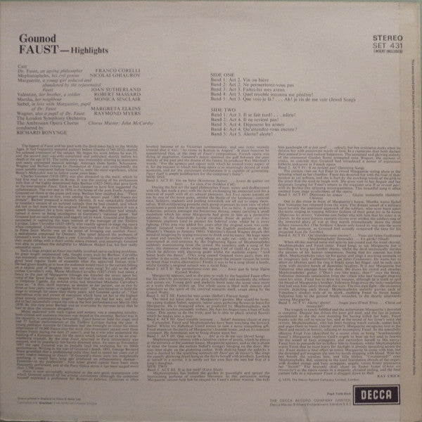 Charles Gounod - Franco Corelli, Joan Sutherland, Nicolai Ghiaurov, London Symphony Orchestra, Richard Bonynge : Faust - Highlights (LP, Album)