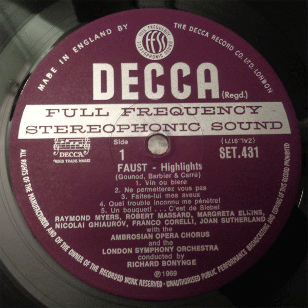 Charles Gounod - Franco Corelli, Joan Sutherland, Nicolai Ghiaurov, London Symphony Orchestra, Richard Bonynge : Faust - Highlights (LP, Album)