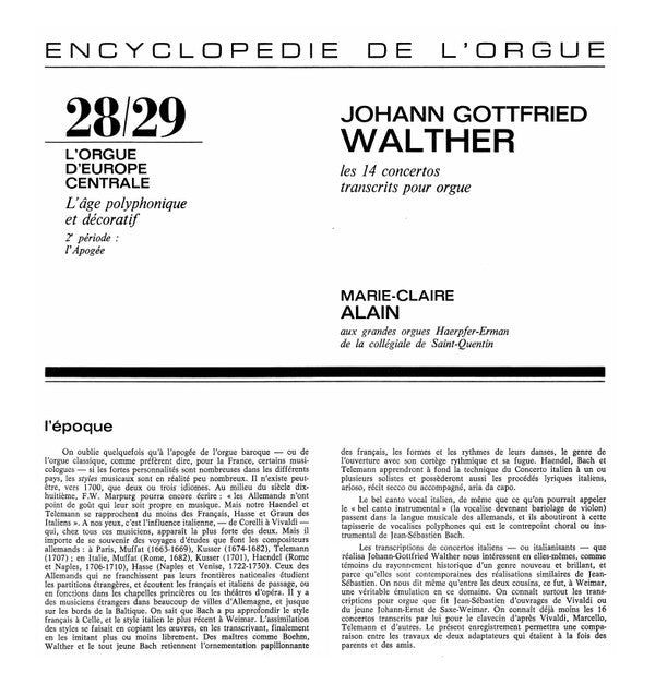 Johann Gottfried Walther - Marie-Claire Alain : Les 14 Concertos Transcrits Pour Orgue (2xLP)