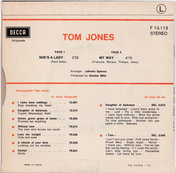 Tom Jones : She's A Lady / My Way (7")