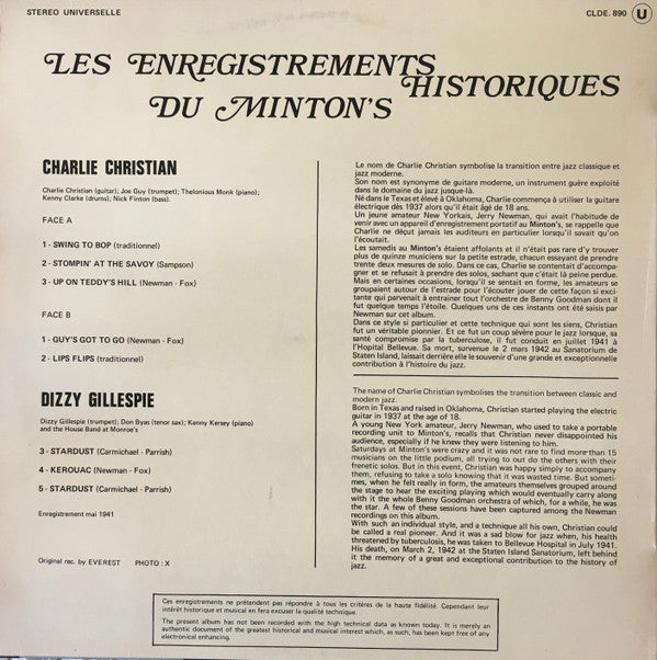 Charlie Christian / Dizzy Gillespie : Les Enregistrements Historiques Du Minton's (LP, Album, Mono, RE)