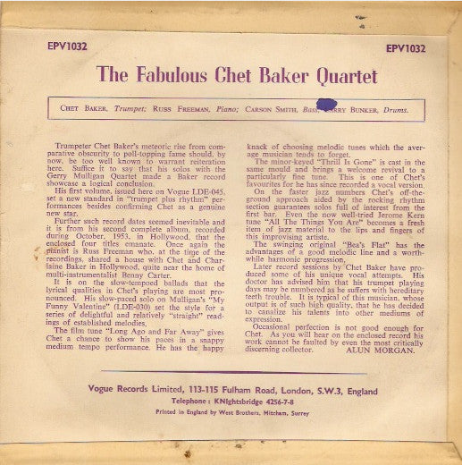 Chet Baker Quartet : The Fabulous Chet Baker Quartet (7", EP)