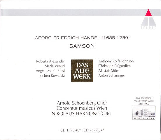 Georg Friedrich Händel - Alexander* · Venuti* · Blasi* · Kowalski* · Rolfe Johnson* · Prégardien* · Miles* · Scharinger* · Arnold Schoenberg Chor · Concentus Musicus Wien · Nikolaus Harnoncourt : Samson (2xCD, Album + Box, Sli)