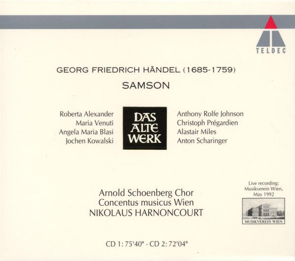 Georg Friedrich Händel - Alexander* · Venuti* · Blasi* · Kowalski* · Rolfe Johnson* · Prégardien* · Miles* · Scharinger* · Arnold Schoenberg Chor · Concentus Musicus Wien · Nikolaus Harnoncourt : Samson (2xCD, Album + Box, Sli)