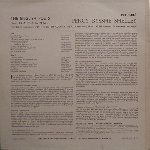 Shelley* Read By Patrick Garland, Gary Watson (2) : Shelley (LP, RP)