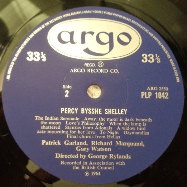 Shelley* Read By Patrick Garland, Gary Watson (2) : Shelley (LP, RP)