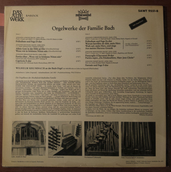 Johann Sebastian Bach, Wilhelm Krumbach : Bach-Orgel Der Schloßkirche In Lahm / Werke Der Familie Bach (LP)