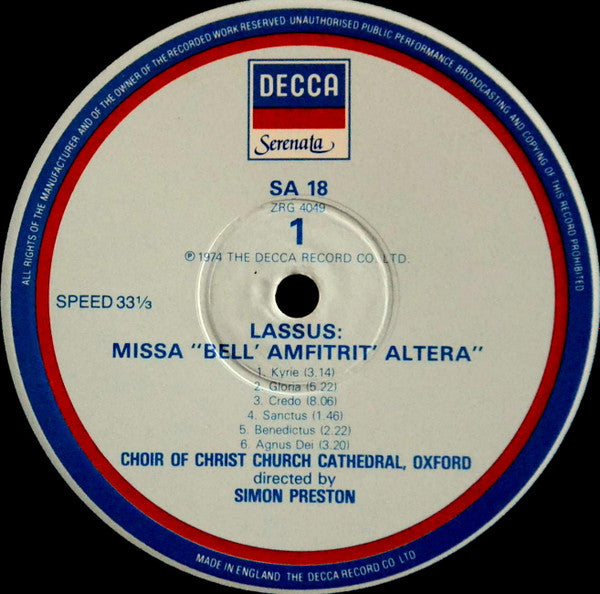 Lassus* - Choir Of Christ Church Cathedral Oxford*, Simon Preston : Missa "Bell' Amfitrit' Altera" / Penitential Psalm VII (LP, Album, RE)