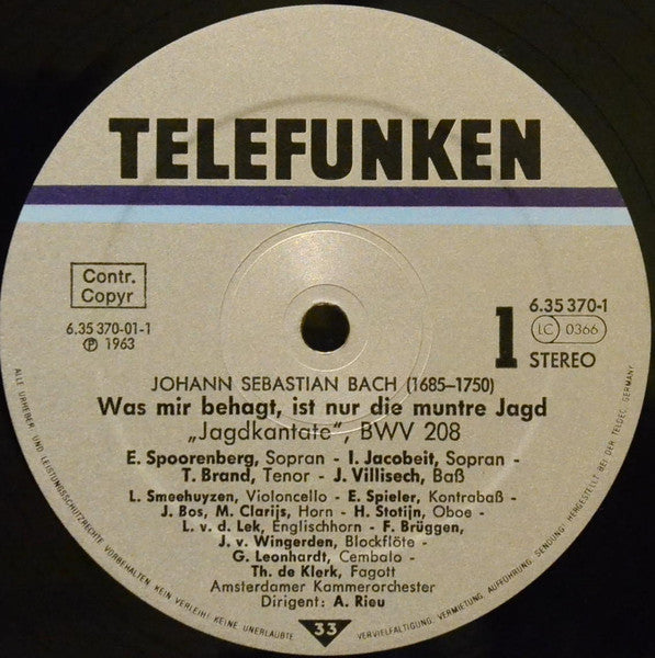 Johann Sebastian Bach - Erna Spoorenberg, Jacques Villisech, The Monteverdi Choir, Jürgen Jürgens, Amsterdams Kamerorkest, André Rieu (2) : Jagdkantate = Hunting Cantata; BWV 208 / Schleicht, Spielende Wellen, BWV 206 (2xLP + Box, Comp)