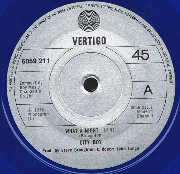 City Boy : What A Night (7", Single, Blu)