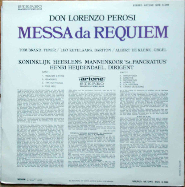 Lorenzo Perosi, Koninklijk Heerlens Mannenkoor St. Pancratius, Tom Brand, Leo Ketelaars, Albert De Klerk, Henri Heyendael : Messa Da Requiem (LP)