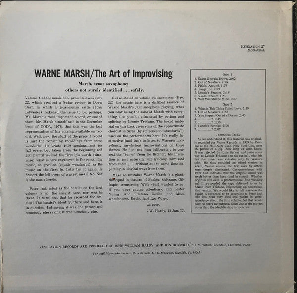 Warne Marsh : The Art of Improvising Volume 2 (LP, Album)