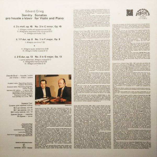 Edvard Grieg, Zdeněk Brož and Jan Vrána : Complete Sonatas For Violin And Piano (LP, Club)