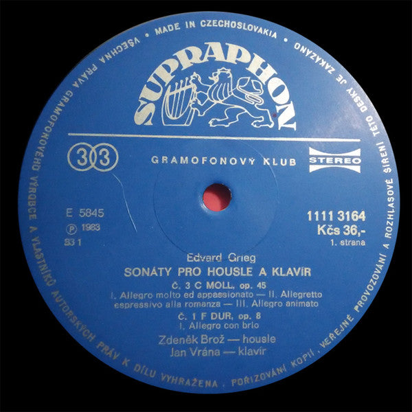 Edvard Grieg, Zdeněk Brož and Jan Vrána : Complete Sonatas For Violin And Piano (LP, Club)