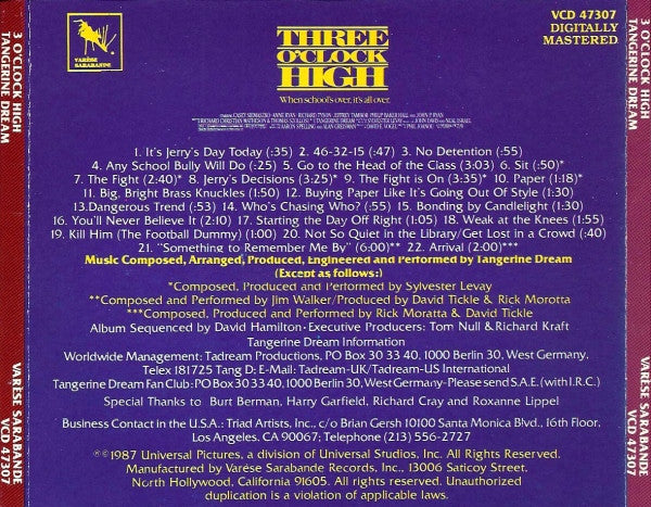 Tangerine Dream / Sylvester Levay / David Tickle & Rick Marotta : Three O'Clock High (CD, Album)