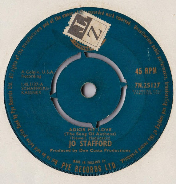 Jo Stafford : Adios My Love (The Song Of Anthens) (7")