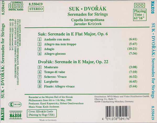 Josef Suk (2) • Antonín Dvořák - Capella Istropolitana, Jaroslav Krček : Serenades For Strings (CD, Album, RP, P+O)