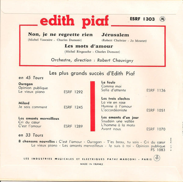 Edith Piaf : Non, Je Ne Regrette Rien (7", EP)