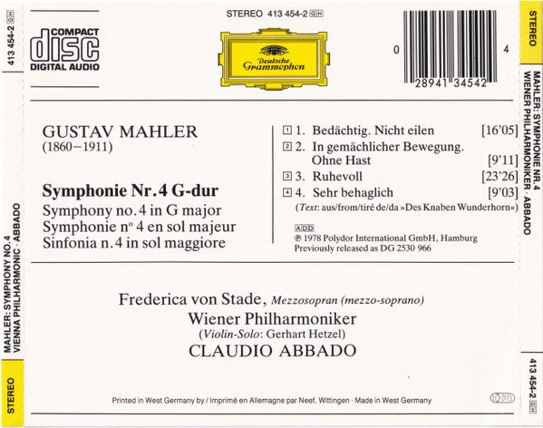 Mahler* - Frederica von Stade, Wiener Philharmoniker, Claudio Abbado : Symphonie No. 4 (CD, Album, RE)