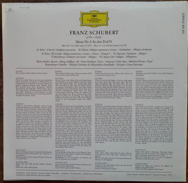 Franz Schubert, Maria Stader, Marga Hoeffgen*, Ernst Haefliger, Hermann Uhde, Regensburger Domchor : Messe Nr. 5 As-Dur D. 678 (LP, Album)